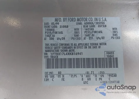 1999 Ford F-150 Lariat/Xl/Xlt z USA, uszkodzony, nr VIN 1FTRX17L4XKB16941